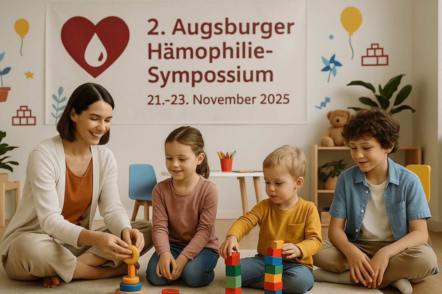 Illustration zum 2. Augsburger Hämophilie-Symposium: Betreuerin mit spielenden Kindern.