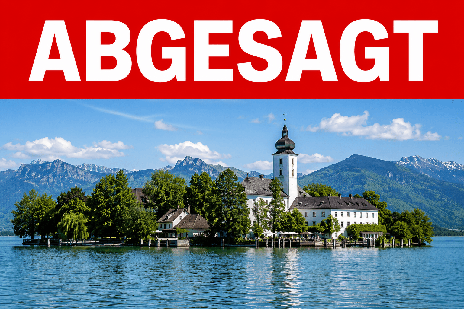 Kloster Frauenwörth auf der Fraueninsel im Chiemsee, überlagert mit dem Hinweis „Abgesagt“.